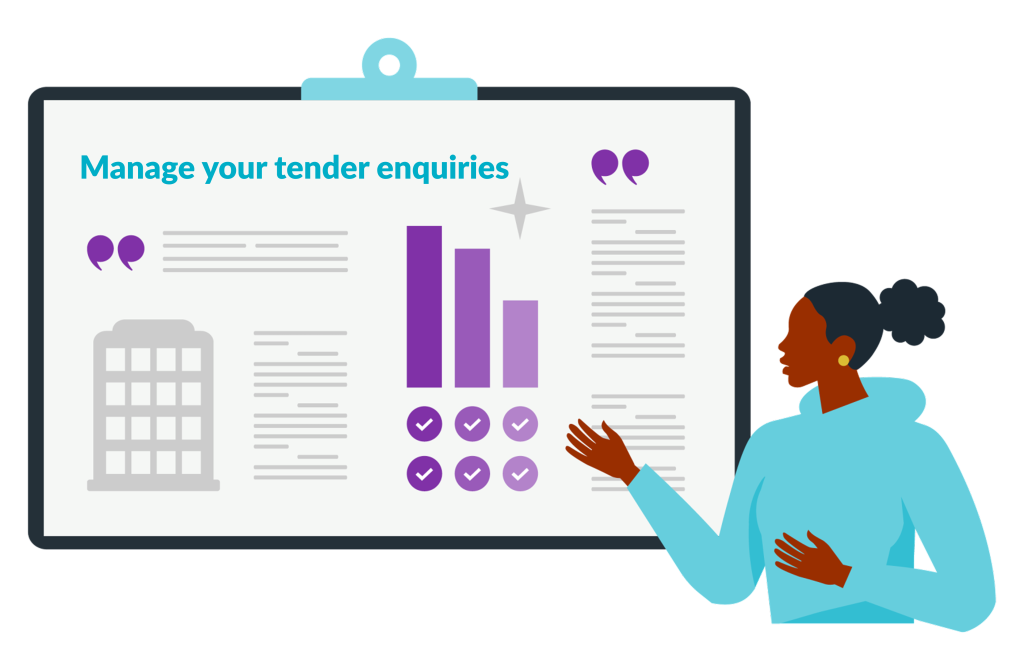An illustration of a detailed filled out public sector tender bid being shown off by a woman on the right hand side