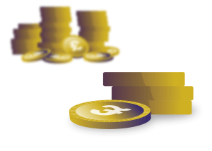 a cartoon graphic of a few gold coings representing British Pounds in the front and a pile of pound coins blurred out in the background