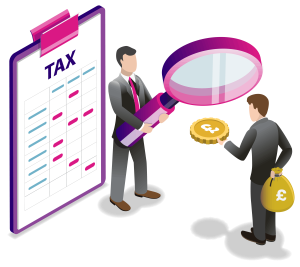 Two businessmen with a large magnifying glass examining a coin and a tax document on a clipboard.