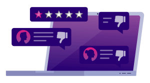 Laptop screen showing negative reviews with one-star rating and multiple thumbs-down comments from users.