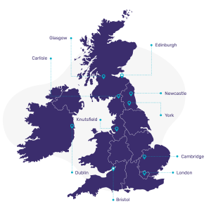 Map of the UK and Ireland highlighting cities including Glasgow, Edinburgh, Carlisle, Newcastle, York, Knutsfield, Dublin, Bristol, Cambridge, and London.