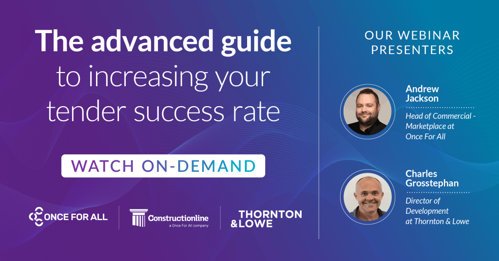 Webinar poster titled "The advanced guide to increasing your tender success rate" with presenters Andrew Jackson and Charles Grosstephan.