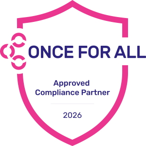 Pink shield outline with "ONCE FOR ALL" text, network icon on left, and "Approved Compliance Partner 2026" inside the shield.