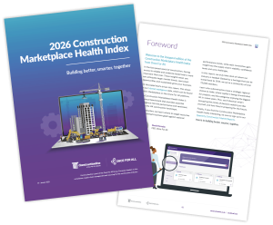 Cover and foreword pages of the 2026 Construction Marketplace Health Index report with construction-themed graphics and text.