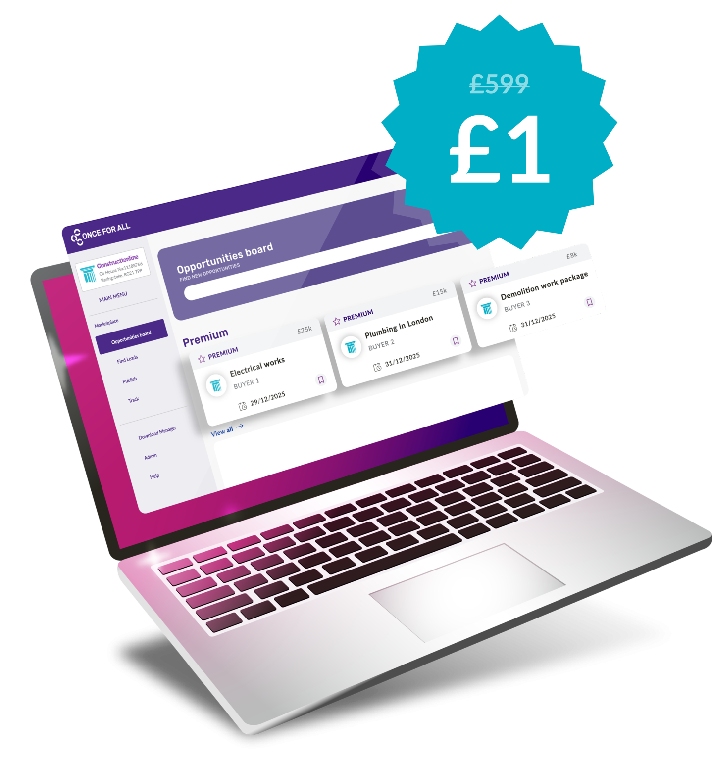 A laptop illustration showing an "Opportunities board" website with premium job listings.