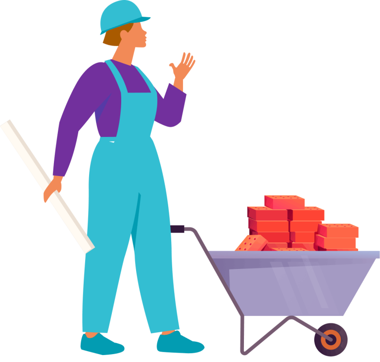 A woman in overalls and a hard hat holds a wheelbarrow filled with bricks at a construction site representing material and product suppliers.