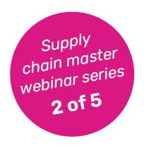 Pink circular badge with white text reading "Supply chain master webinar series 2 of 5".