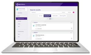 Laptop screen displaying a "Once For All" marketplace search for premium plumbing opportunities with listings and deadlines.