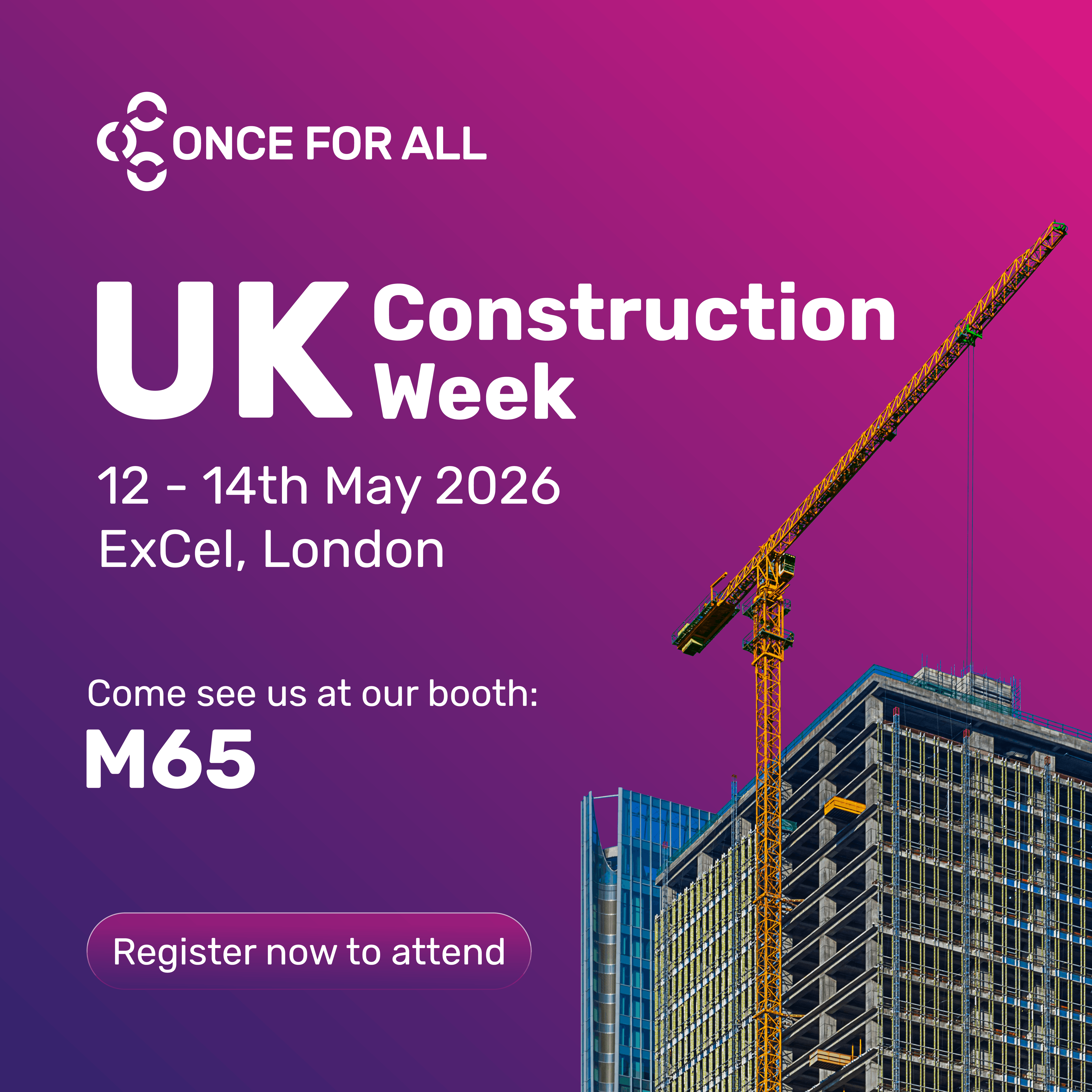 graphic tile outlining key information for UK Construction Week: 12 - 14 May at ExCel, London