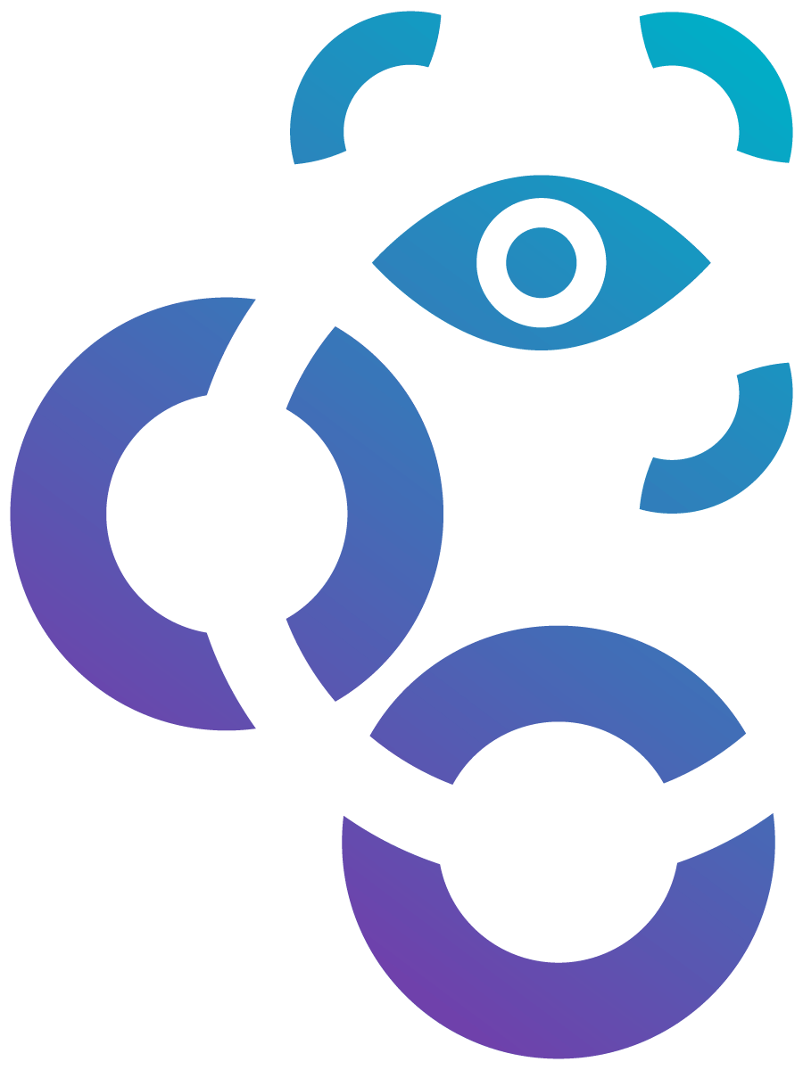 Abstract blue and purple shapes forming a dynamic, circular pattern resembling a stylised eye or spiral.