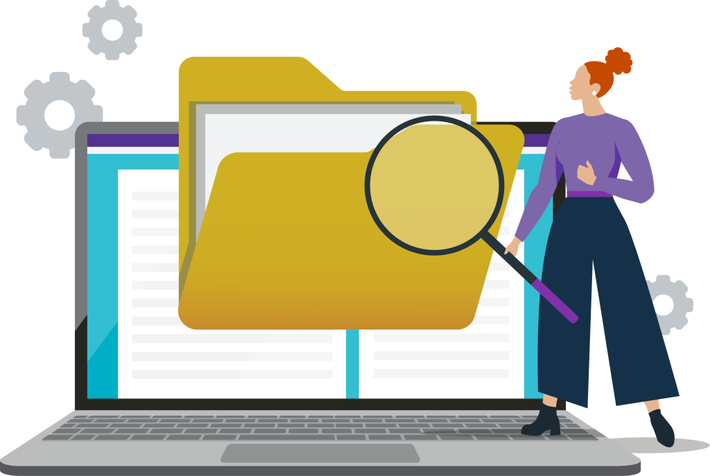 Illustration of a person reviewing digital files and documents with a magnifying glass on a laptop, representing case study research or document analysis.
