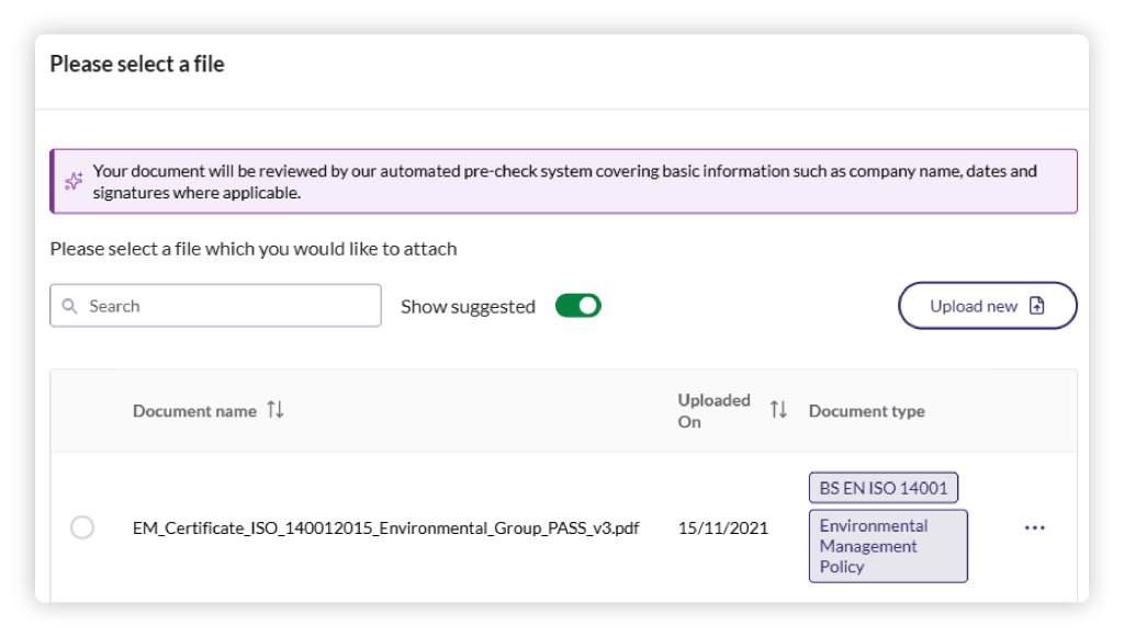 File upload interface displaying a document titled "EM Certificate ISO 14001 Environmental Group" with upload date and type labels.
