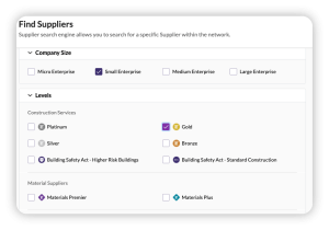 Search interface for suppliers filtering by Small Enterprise company size and Gold level under Construction Services.