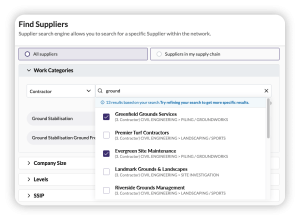 Supplier search interface showing filtered results for "ground" under Contractor work category with options like Greenfield Grounds Services and Evergreen Site Maintenance.