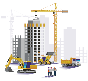 Construction site with cranes, excavator, bulldozer, dump truck, and workers reviewing plans in front of a high-rise building.