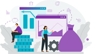 Illustration of people analysing financial charts with coins, a gear, and a large money bag symbolising investment and economic growth.