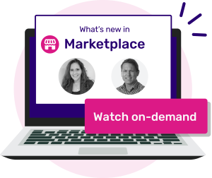 Laptop screen shows "What's new in Marketplace" with two speaker photos and a "Watch on-demand" button in front.