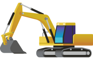 Illustration of a yellow excavator with a large arm and bucket, mounted on black tracks.