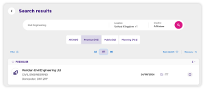 Search results page showing premium civil engineering job listing for Meridian Civil Engineering Ltd in Doncaster, UK, with a deadline of 26/08/2026.