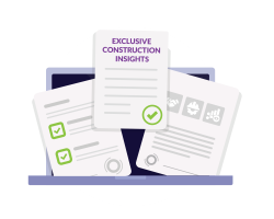 Illustration of a laptop displaying three construction-related documents, one titled "Exclusive Construction Insights" with checkmark symbols.