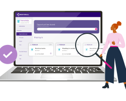 Illustration of a woman using a laptop to explore premium construction job opportunities on the Once For All platform with a magnifying glass.